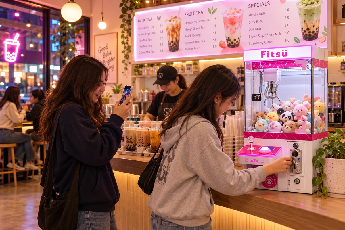 Two friends at a bubble tea shop, one playing the claw machine on the counter while the other films