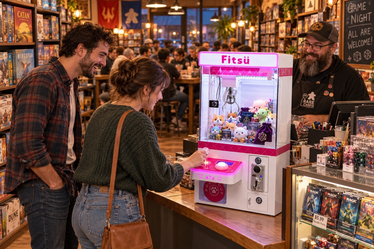 Two customers playing the claw machine on the counter of a board game store