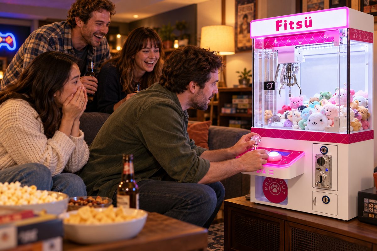 Friends crowding around the claw machine on game night