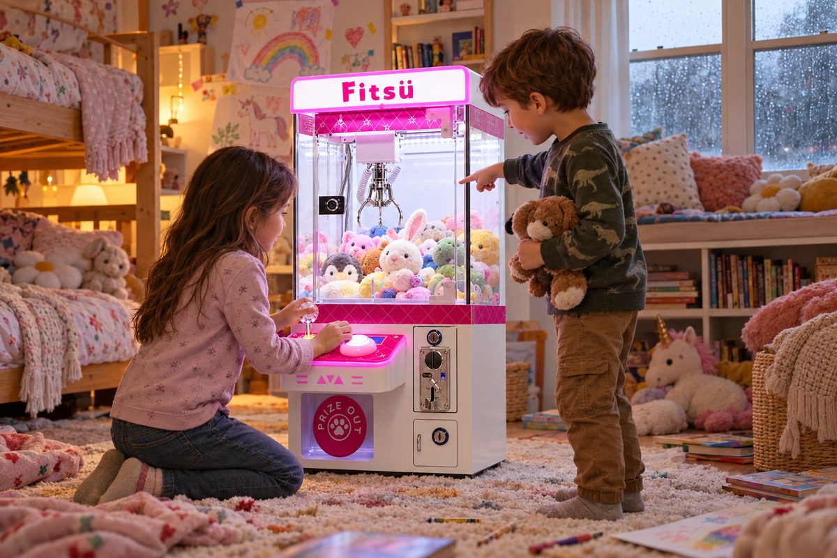 Kids playing the claw machine in their bedroom